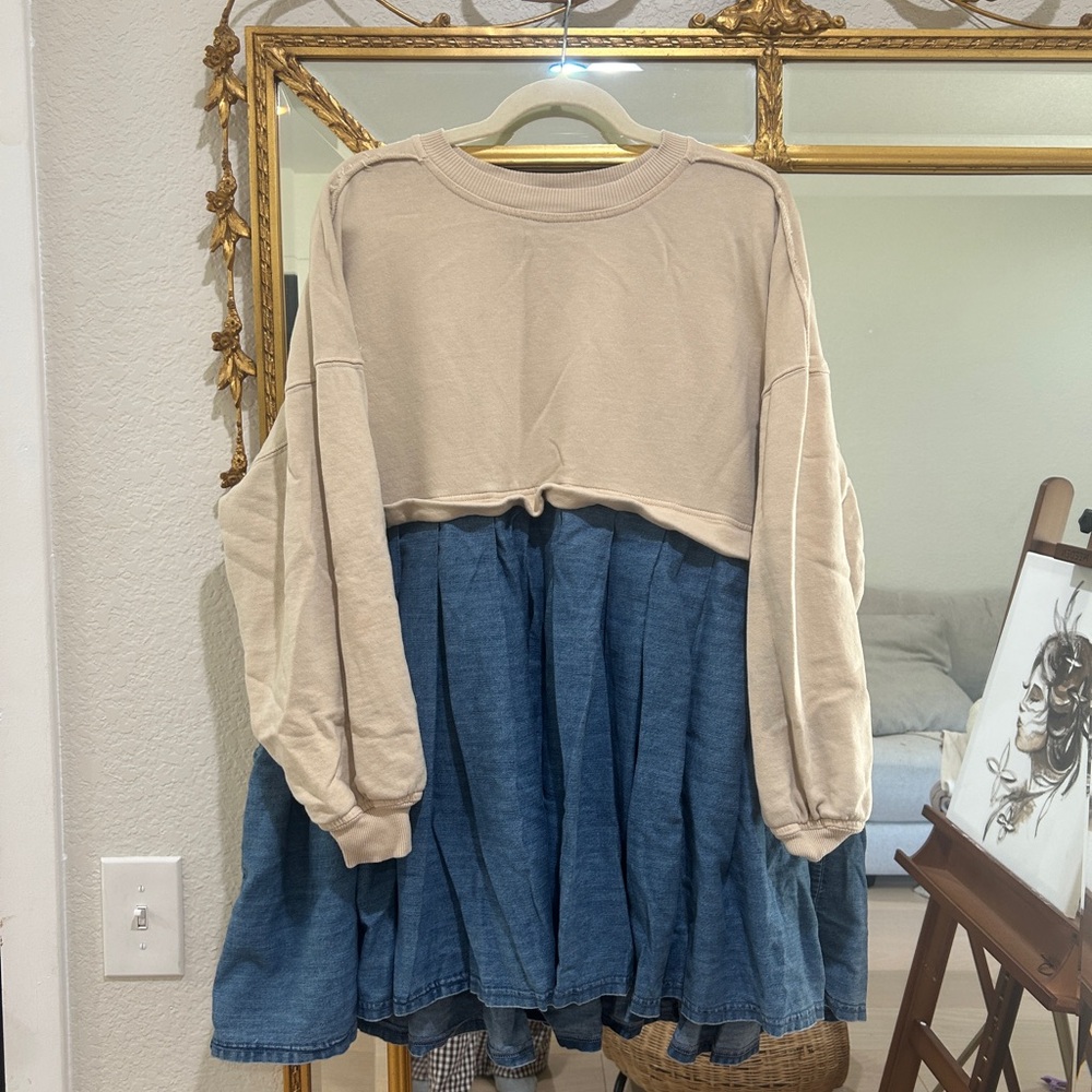 Free People Beige and Blue Sweatshirt Dress